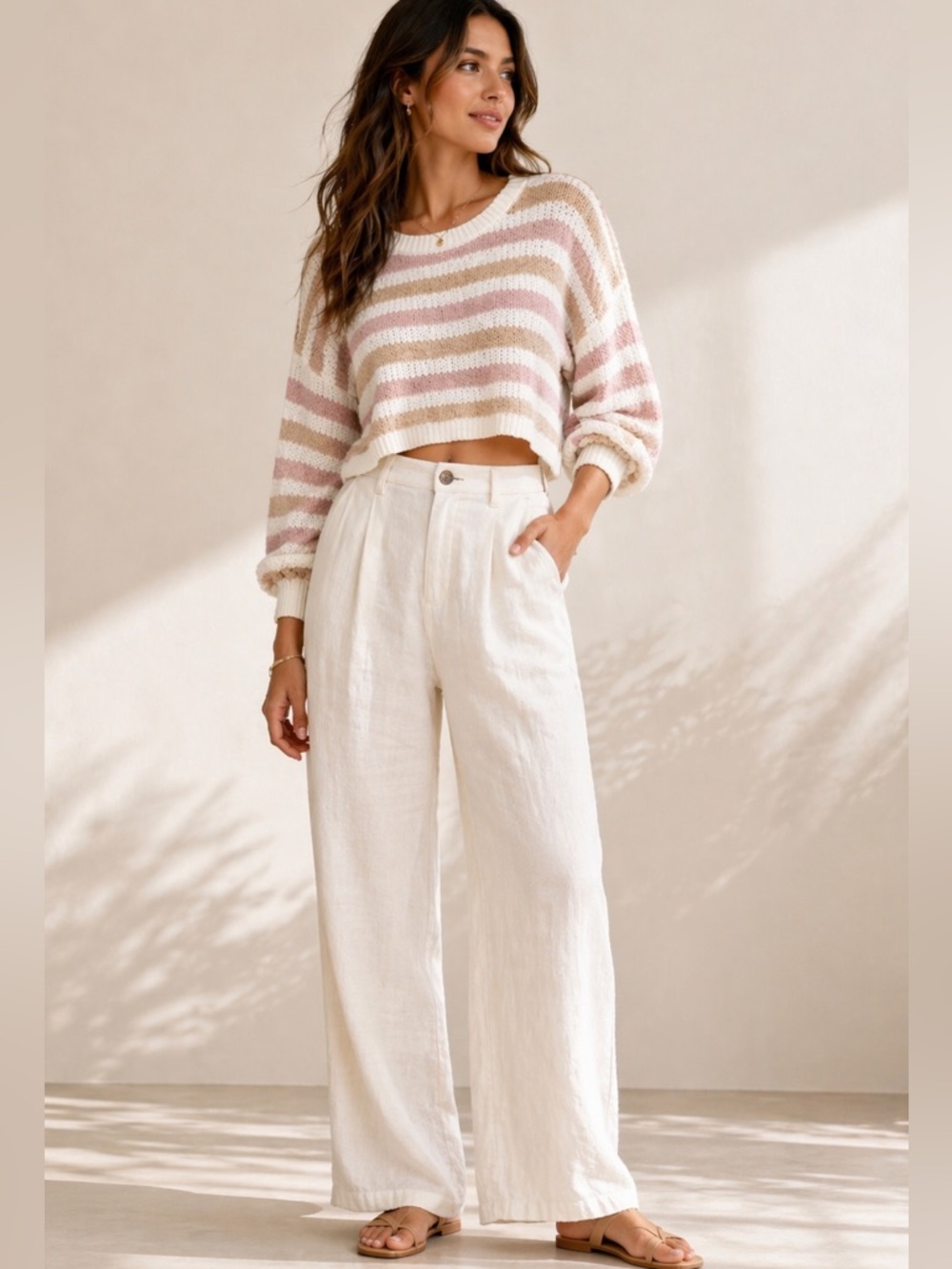Francesca's | Cropped Striped Lightweight Knit Sweater Cream Mauve Travel Ready